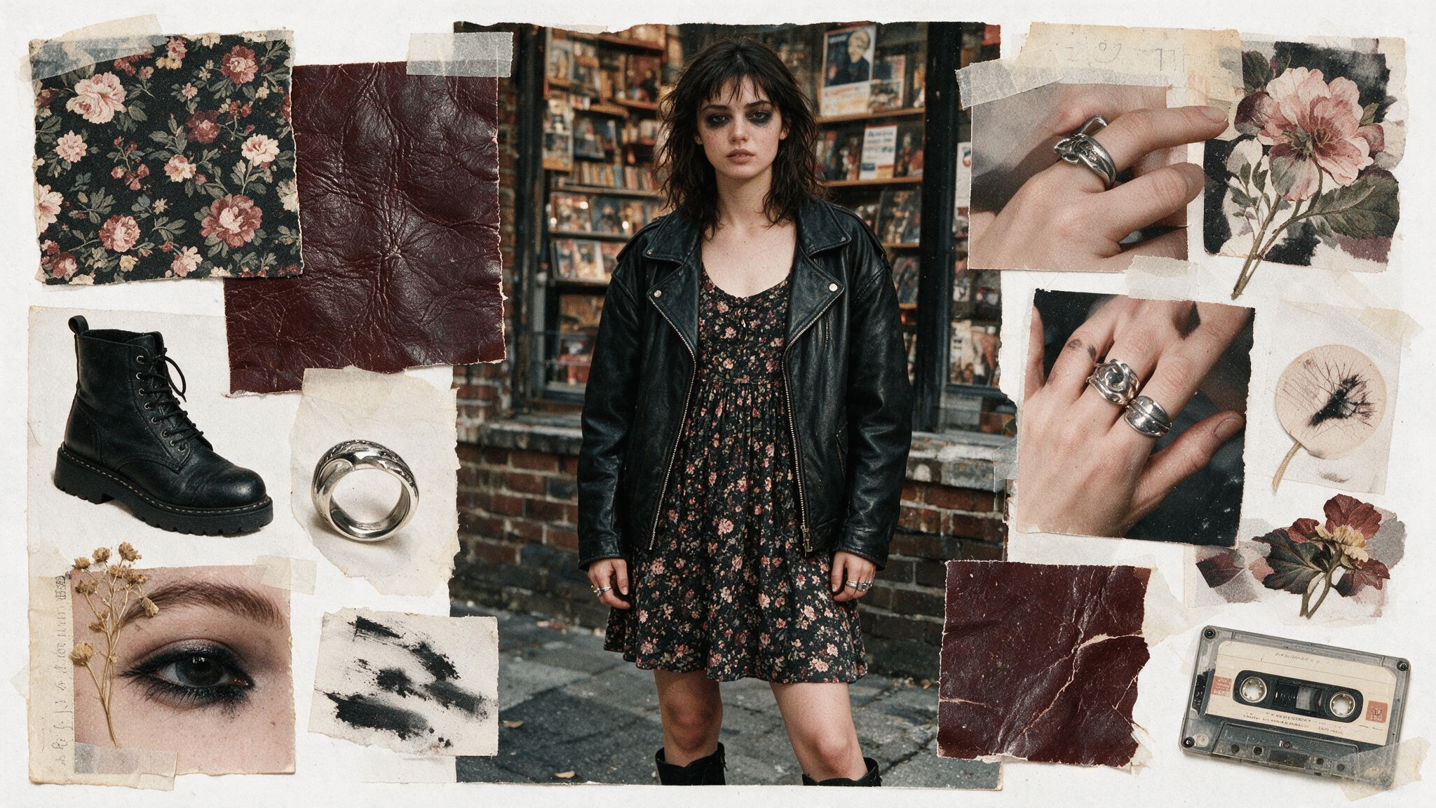 dark floral babydoll dress with worn leather jacket chunky boots and vintage feminine grunge collage elements