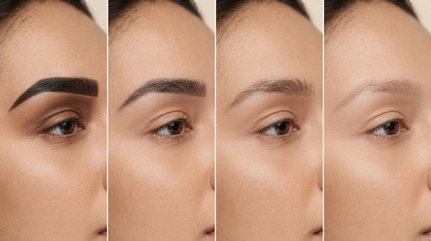 four stage eyebrow tint fading timeline on natural skin with visible texture and softer brows over time