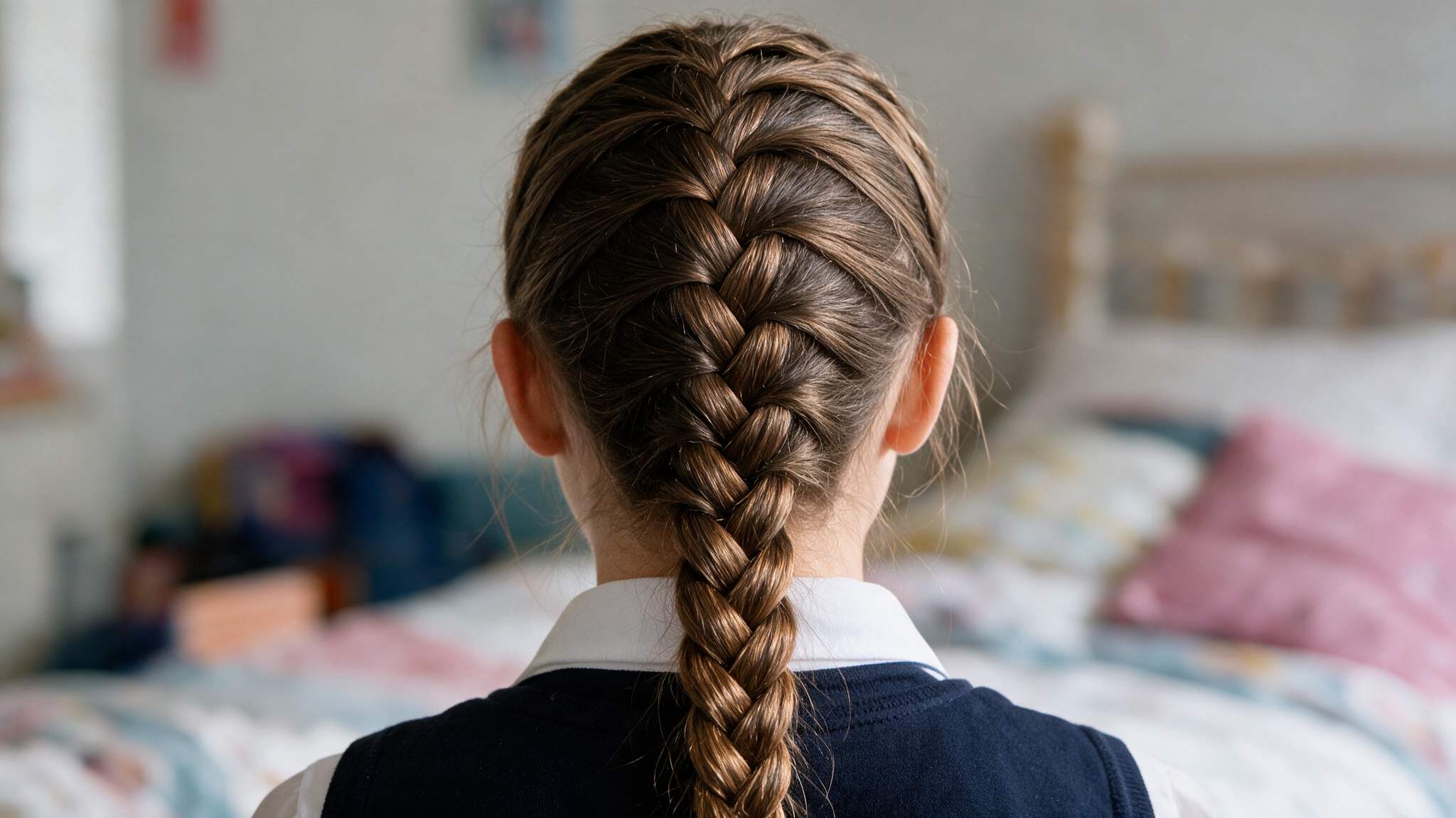teen girl wearing french braid with natural sections and realistic hair texture