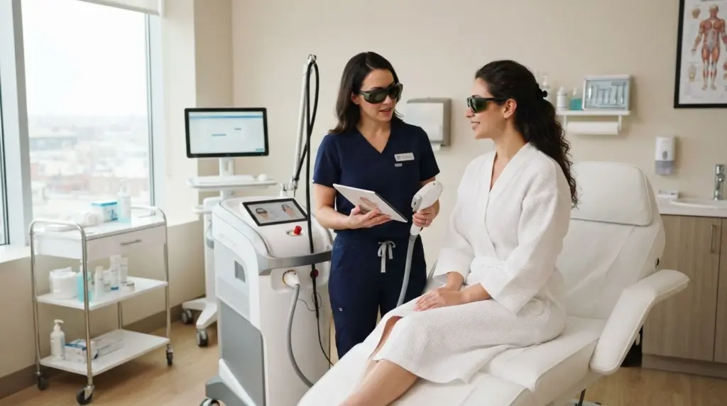Provider explaining laser hair removal device to patient wearing protective goggles before treatment begins
