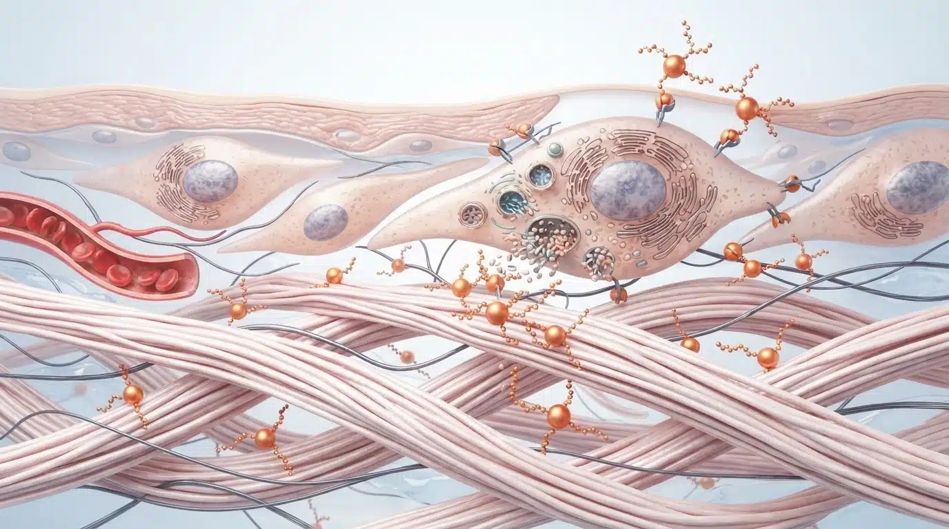 Illustration of copper peptide molecules binding to fibroblast cells among collagen fibers and a blood vessel