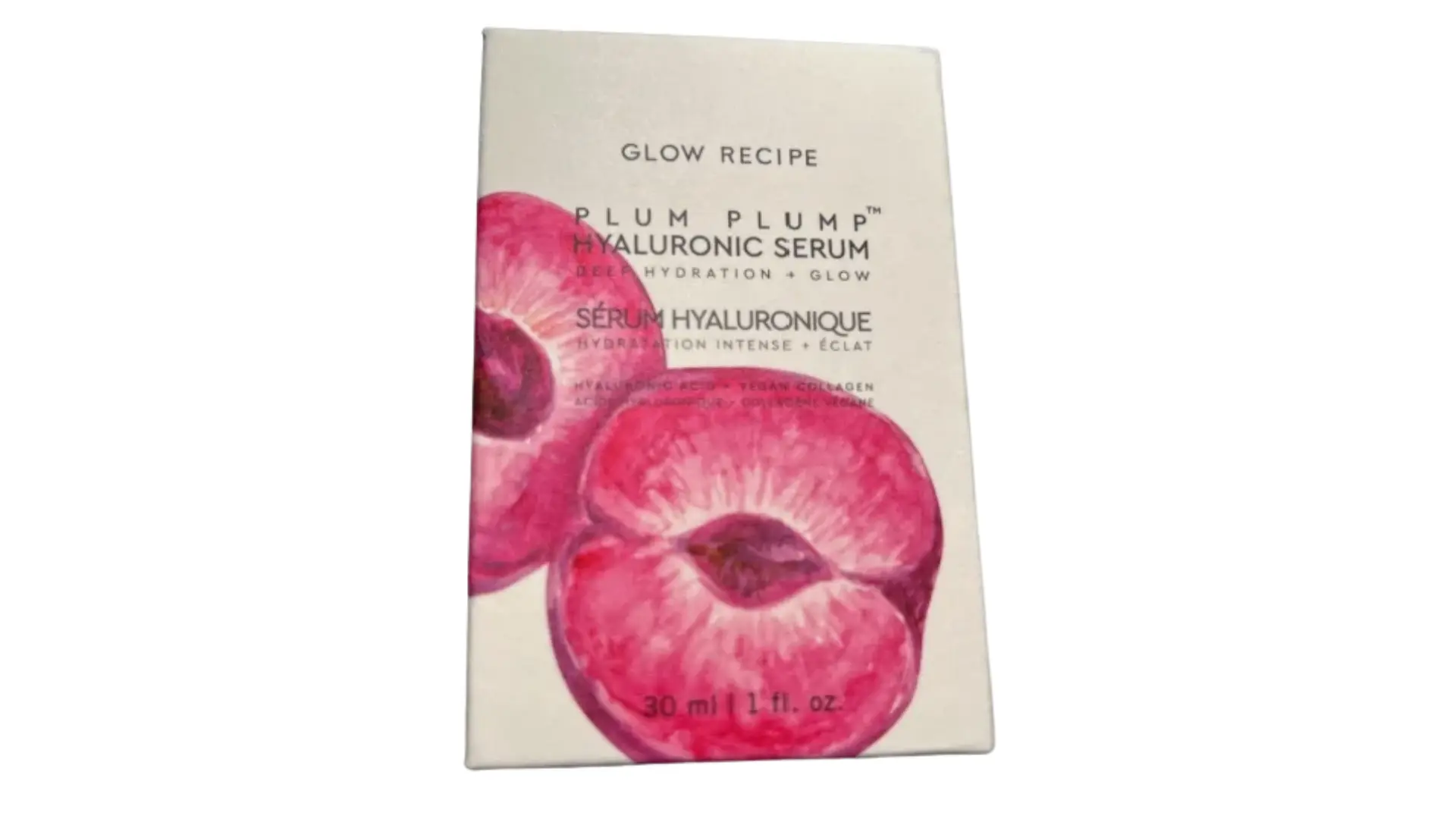 glow recipe plum plump hyaluronic serum box with pink plum graphics shown upright on a clean bright white background
