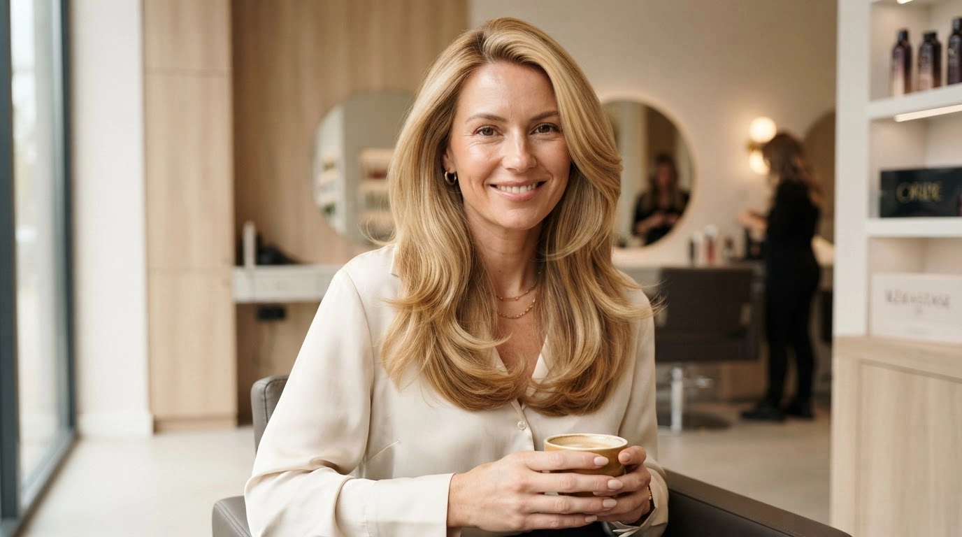 american woman with golden blonde blowout hairstyle in modern salon setting