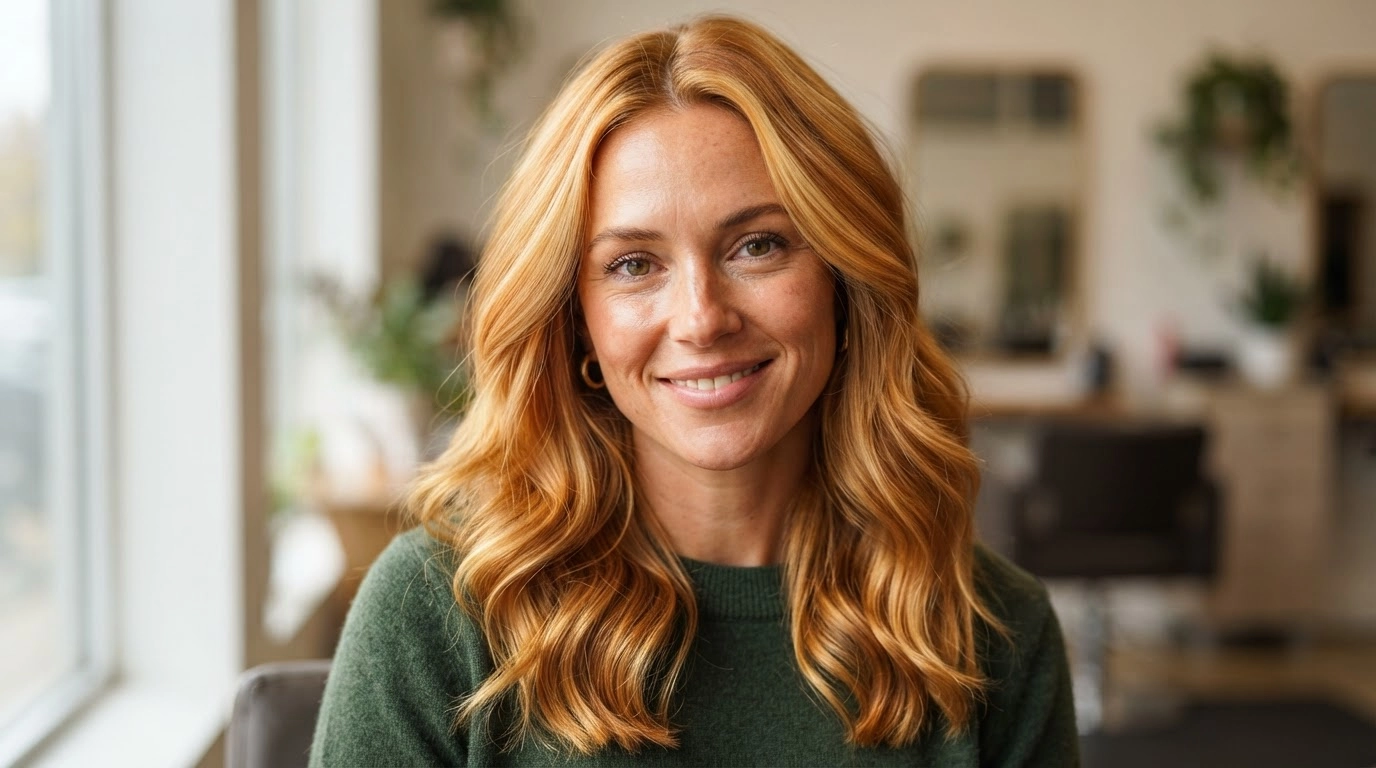american woman with golden copper blonde waves in autumn salon style