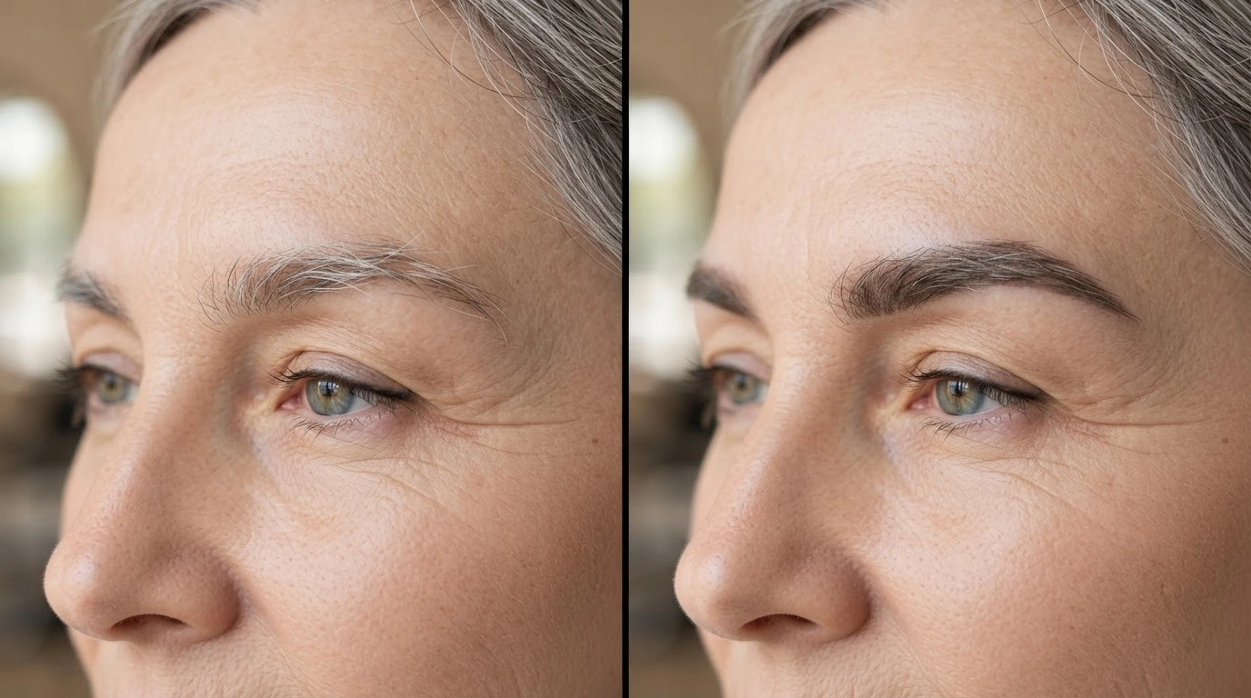 gray eyebrow tint before and after on mature white american woman with realistic gray hair coverage and skin texture