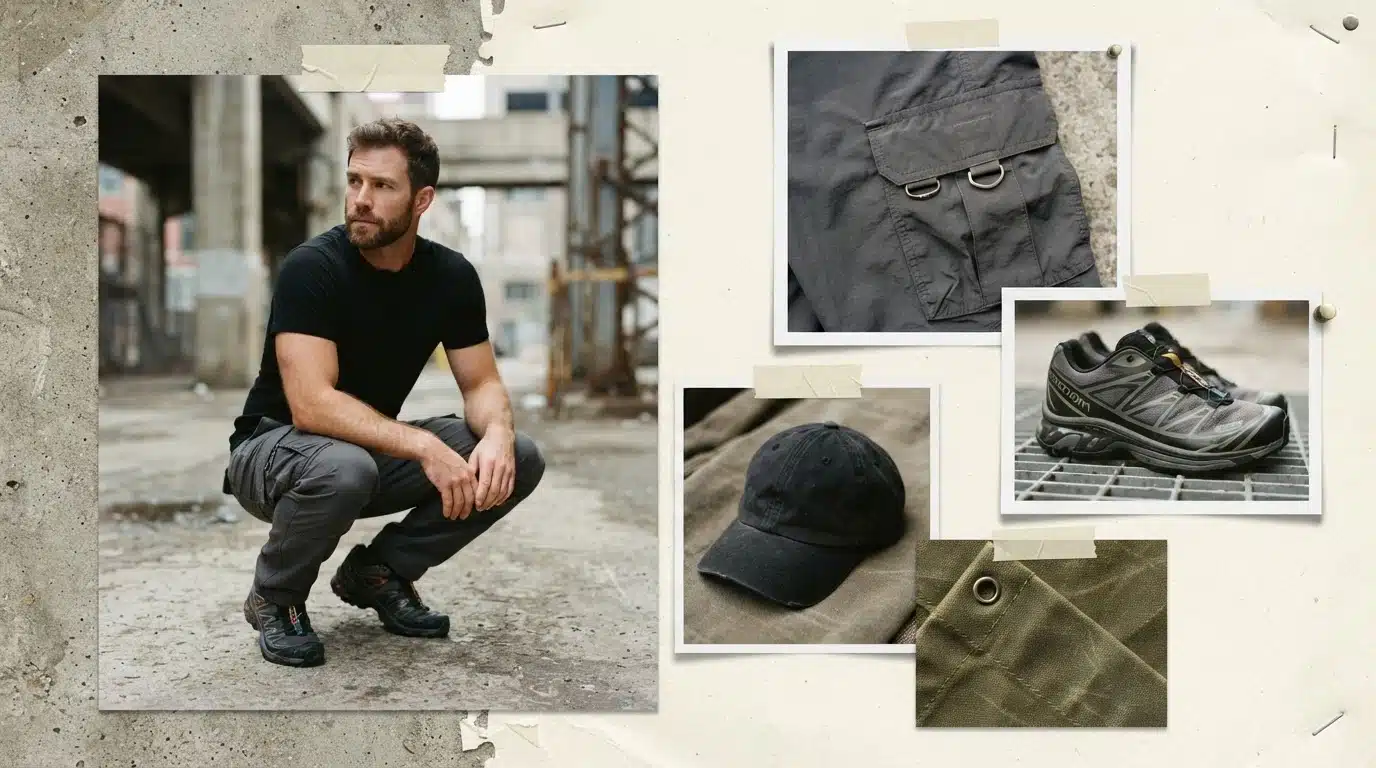 white male model in grey cargo pants and fitted tee in a utility streetwear moodboard