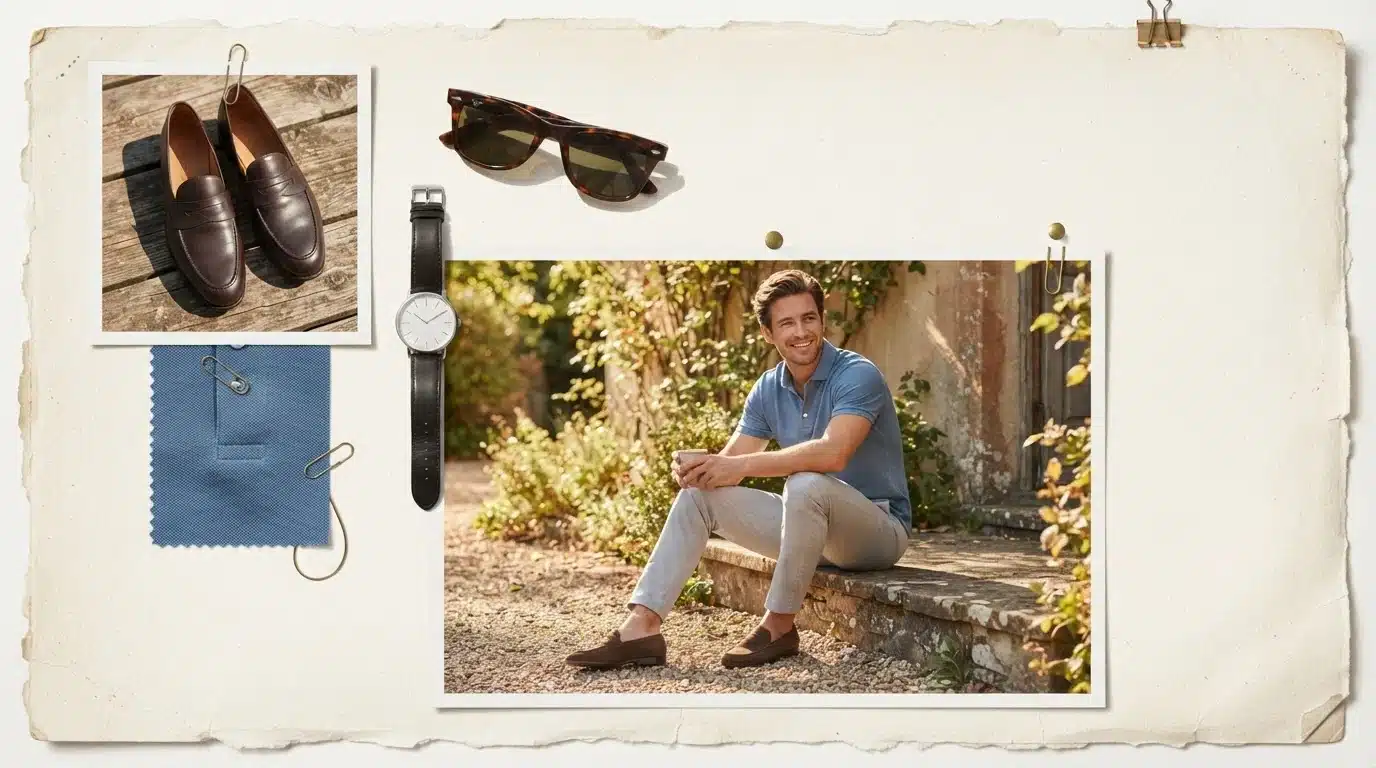 white male model in grey chinos and polo shirt in a relaxed summer fashion moodboard