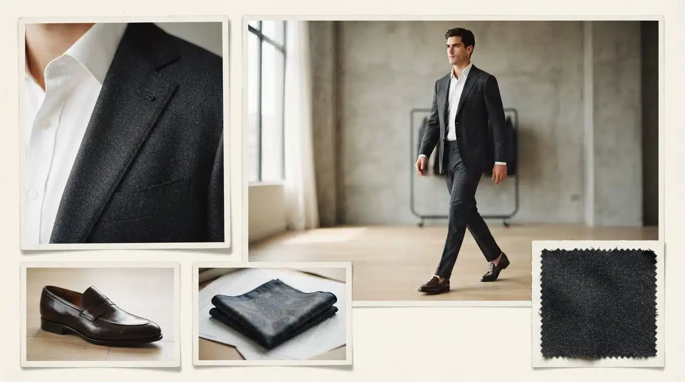 white male model in grey dress pants and suit jacket in an elegant formal moodboard