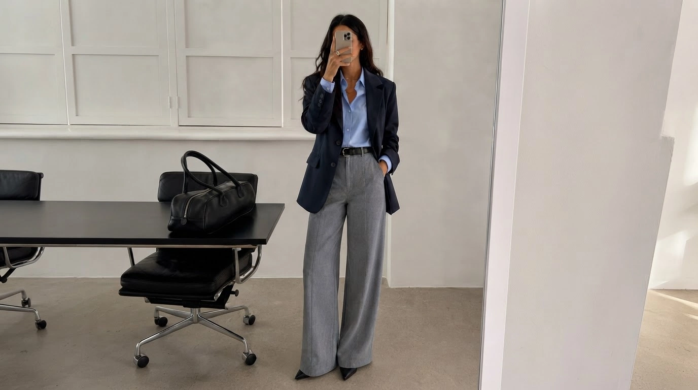 woman in grey wide-leg trousers with a navy blazer and pale blue shirt in a modern office