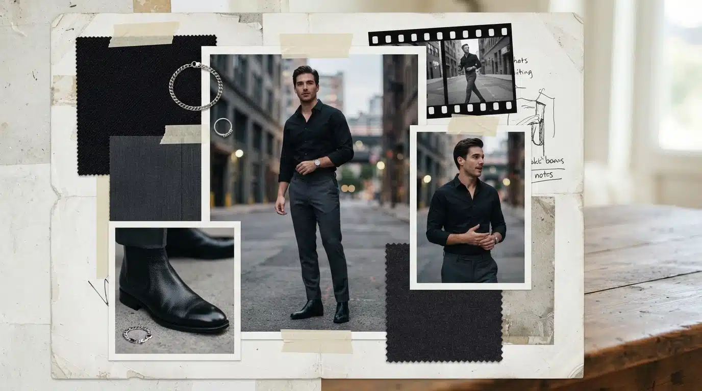 white male model in grey pants and black shirt with sleek evening fashion moodboard
