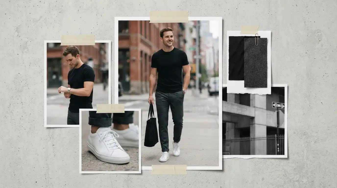 white male model in grey pants and black t shirt with minimalist street style moodboard