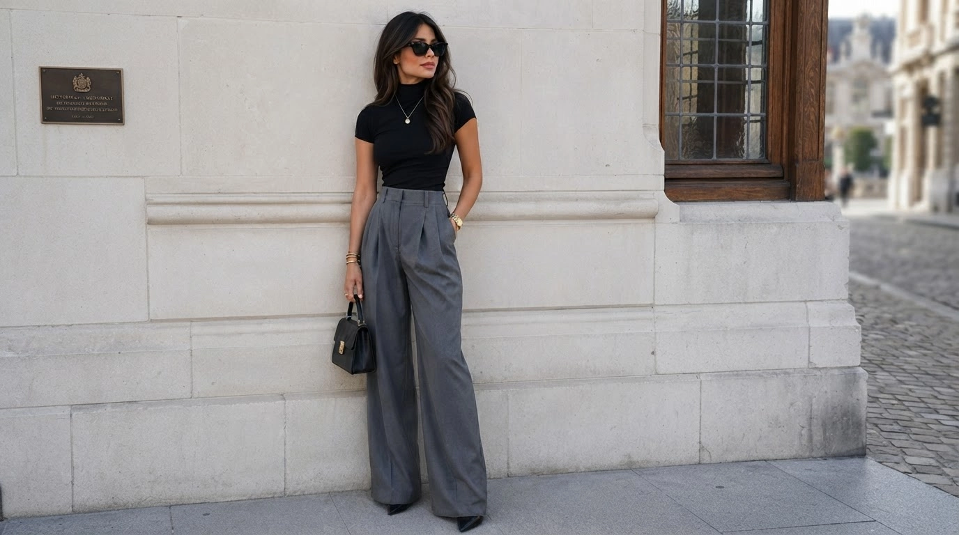 woman in grey wide-leg trousers with a fitted black top and pointed black heels by a stone wall