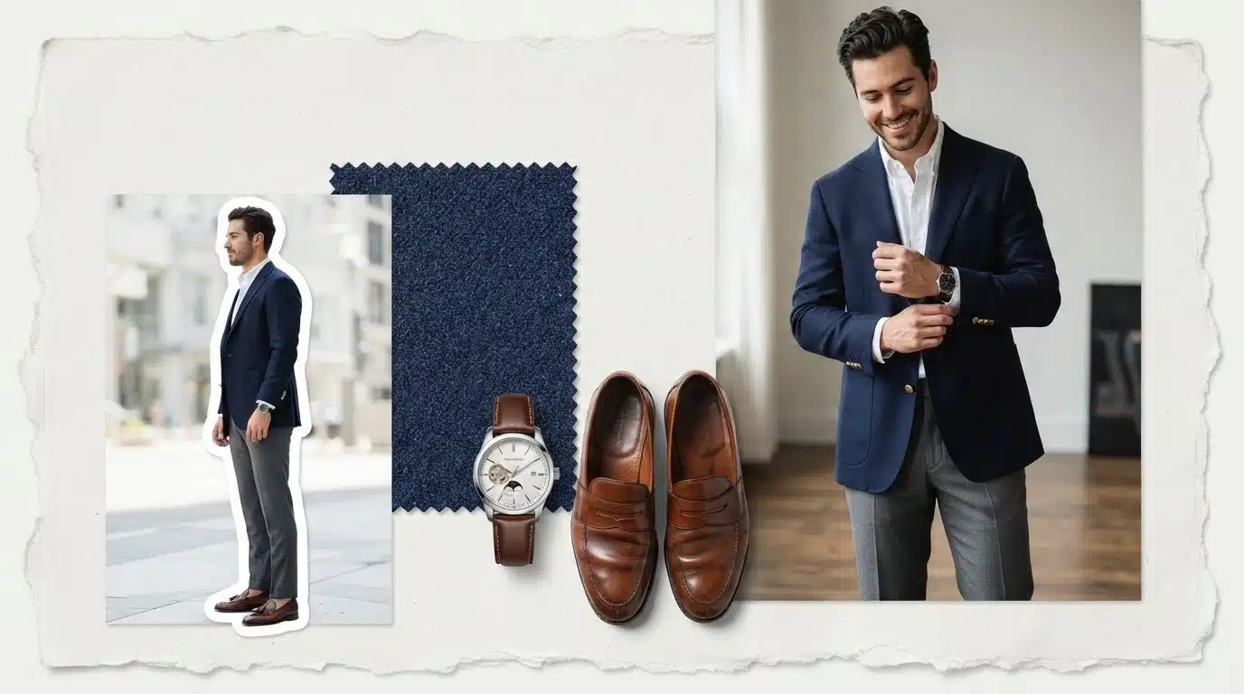 white male model in grey trousers and navy blazer in a polished business fashion moodboard