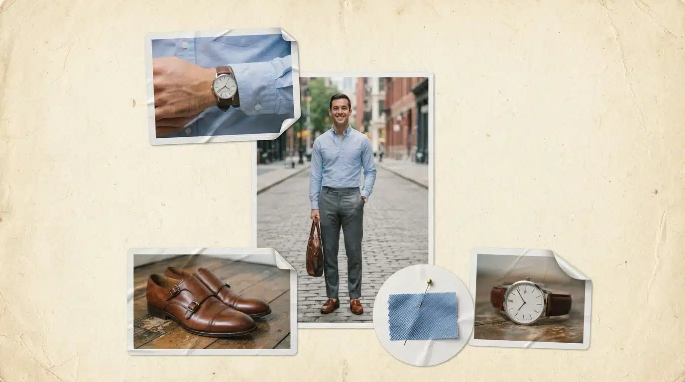 white male model in grey pants and blue oxford shirt with refined smart casual moodboard