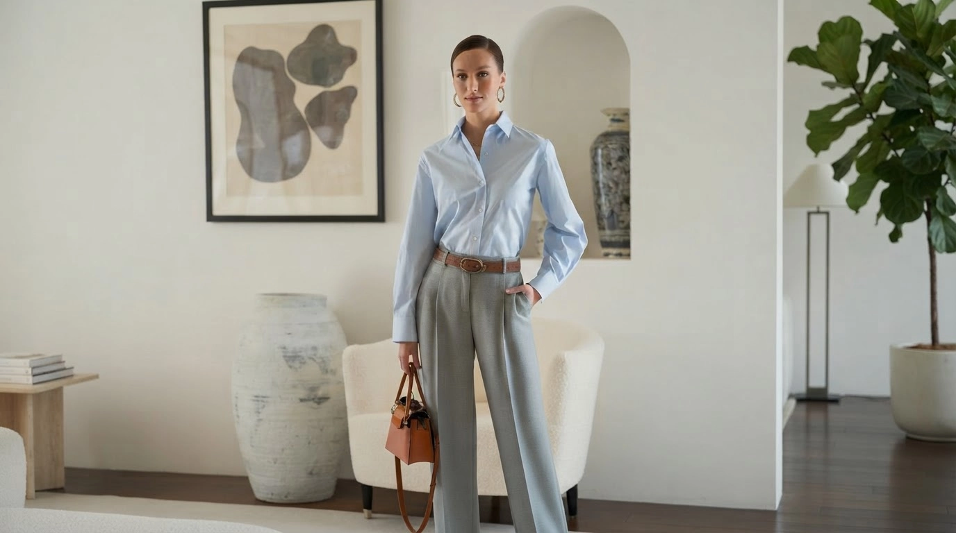 woman in grey trousers with a pale blue shirt, brown belt, and tan handbag in a bright room