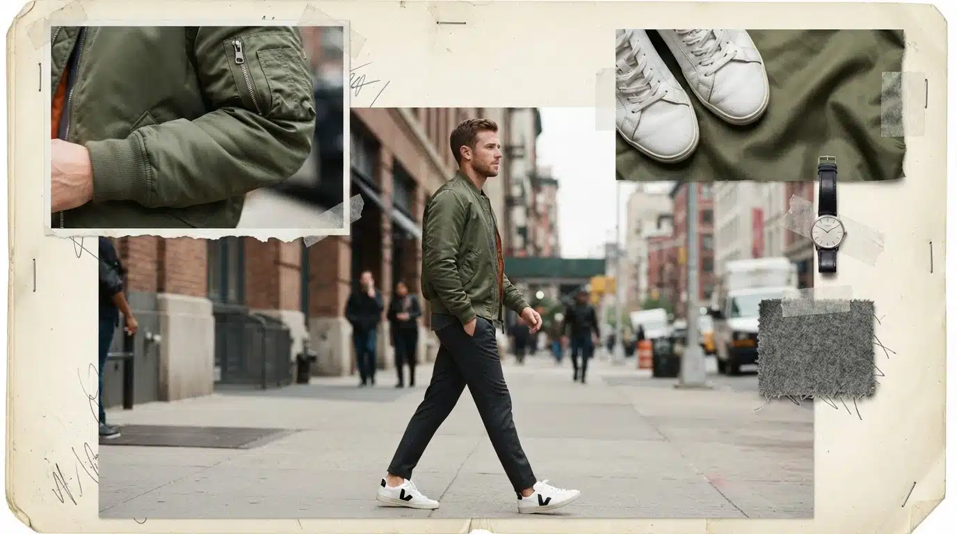 white male model in grey pants and olive bomber jacket in an urban fashion moodboard