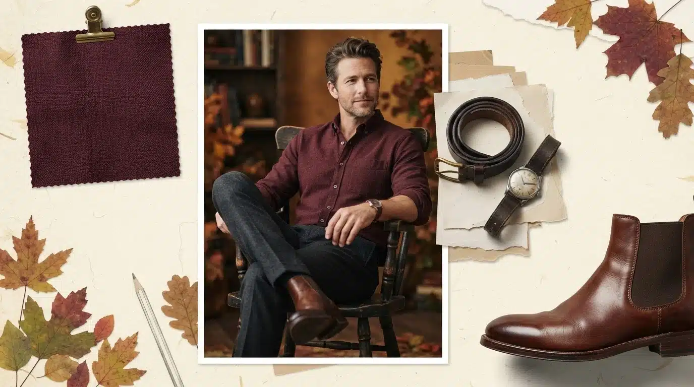 white male model in grey pants and burgundy shirt in a rich autumn fashion moodboard