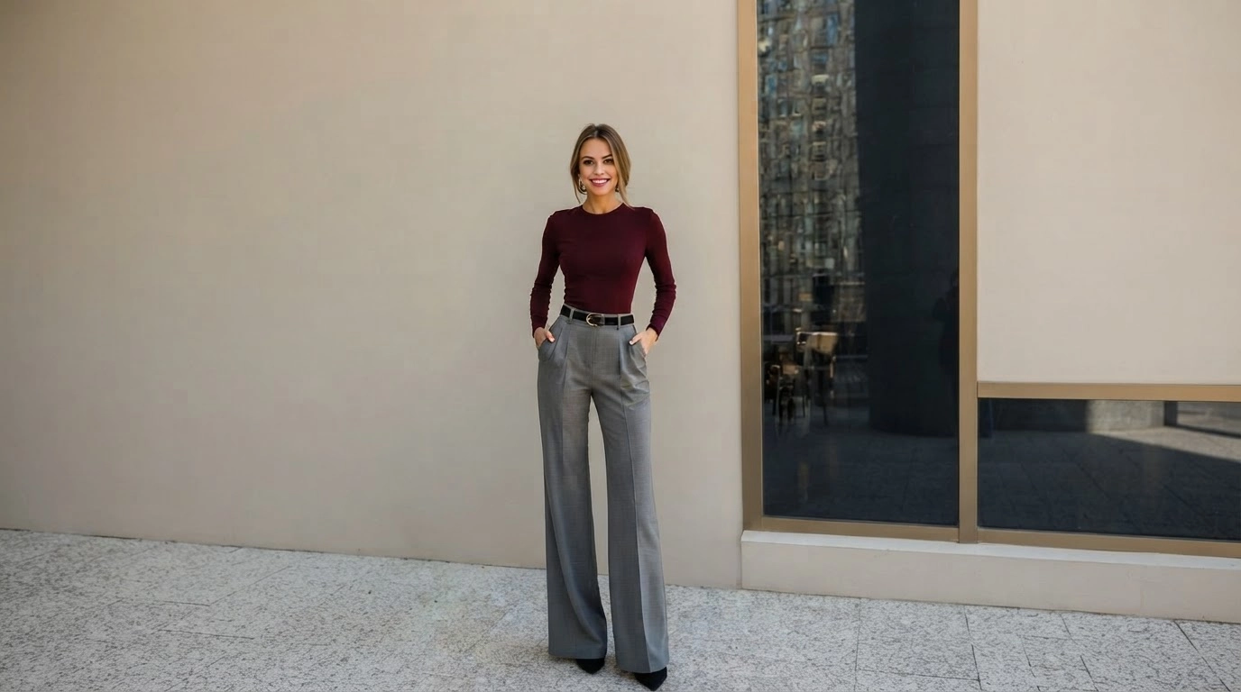 woman in grey wide-leg trousers with a burgundy fitted top and black heels by a modern wall