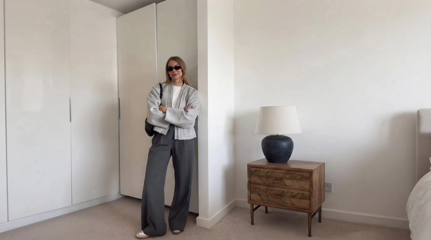 woman in dark grey wide-leg trousers with a light grey cardigan and sneakers in a bedroom
