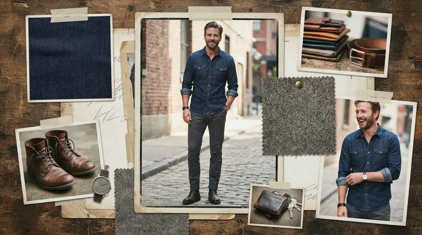 white male model in grey pants and denim shirt with textured casual fashion moodboard