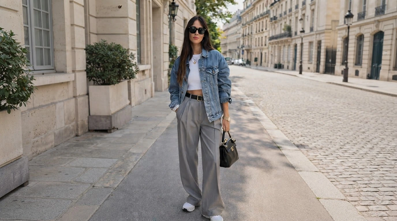 woman in grey wide-leg trousers with a denim jacket, white crop top, and sneakers outdoors