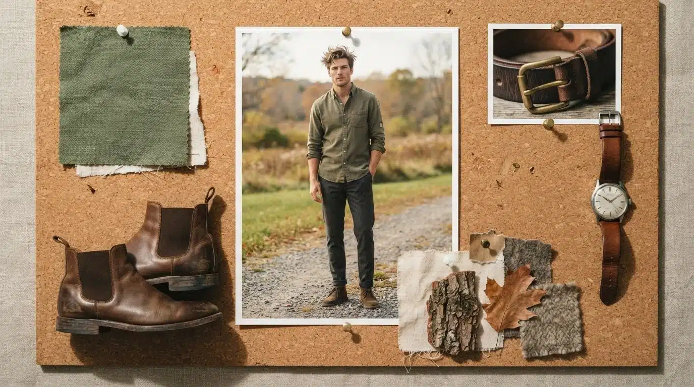 white male model in grey pants and green shirt with balanced earthy fashion moodboard
