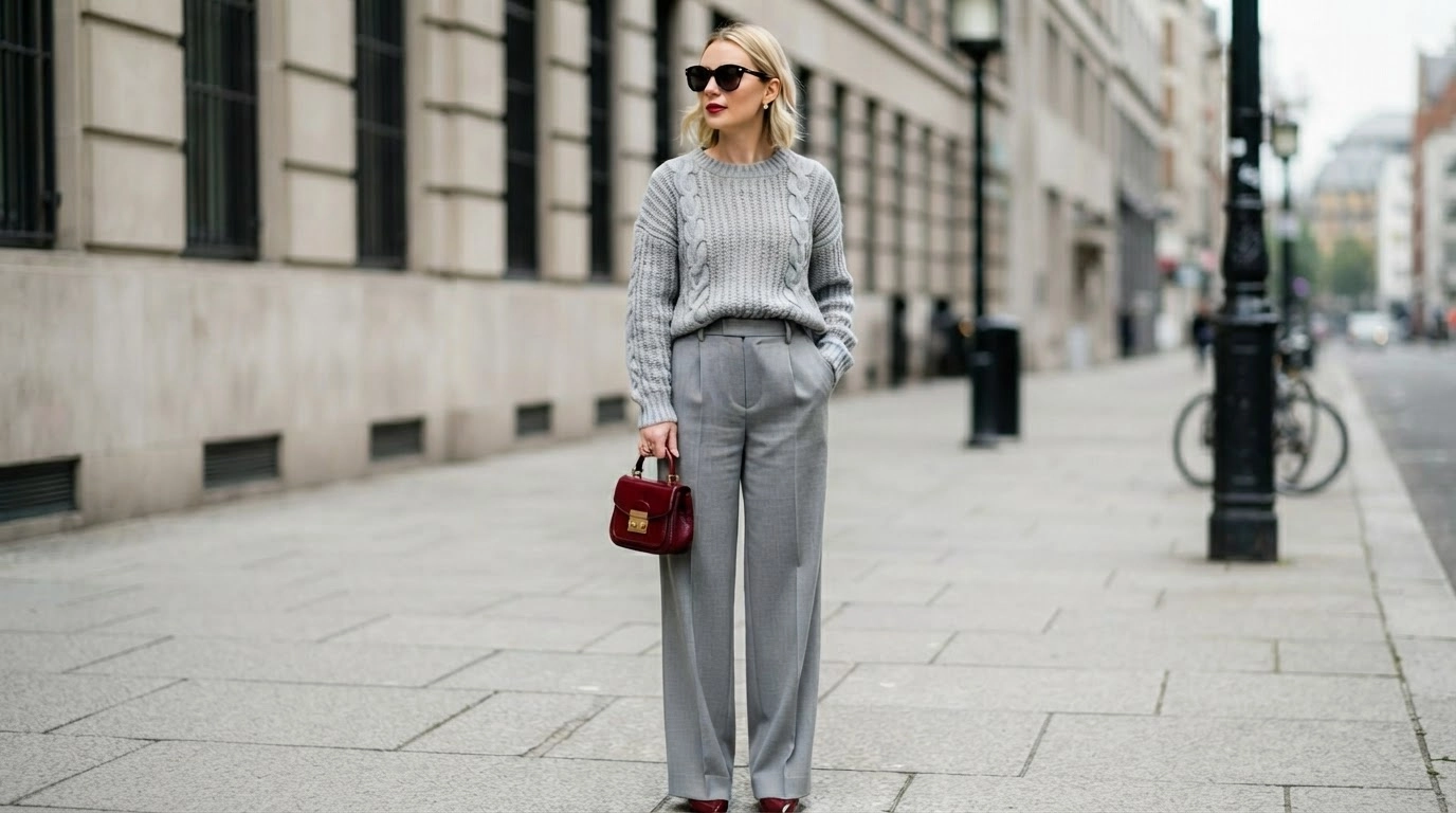 woman in grey trousers and grey cable knit sweater carrying a burgundy bag on a city street