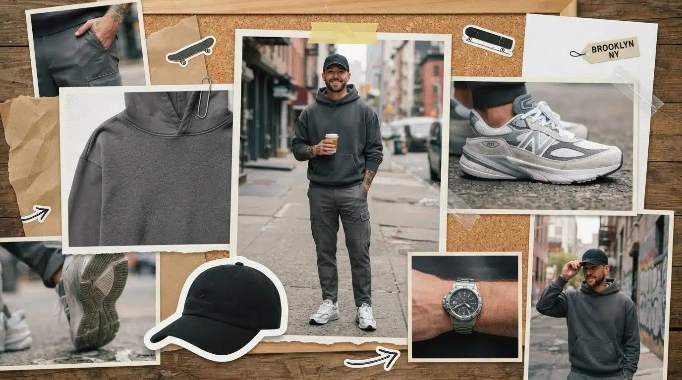 white male model in grey pants and hoodie with balanced modern streetwear moodboard