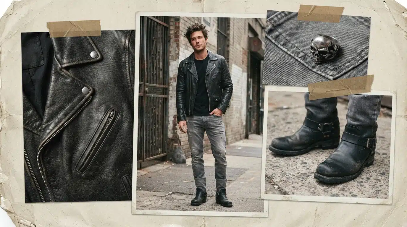 white male model in grey pants and black leather jacket in a rugged fashion moodboard