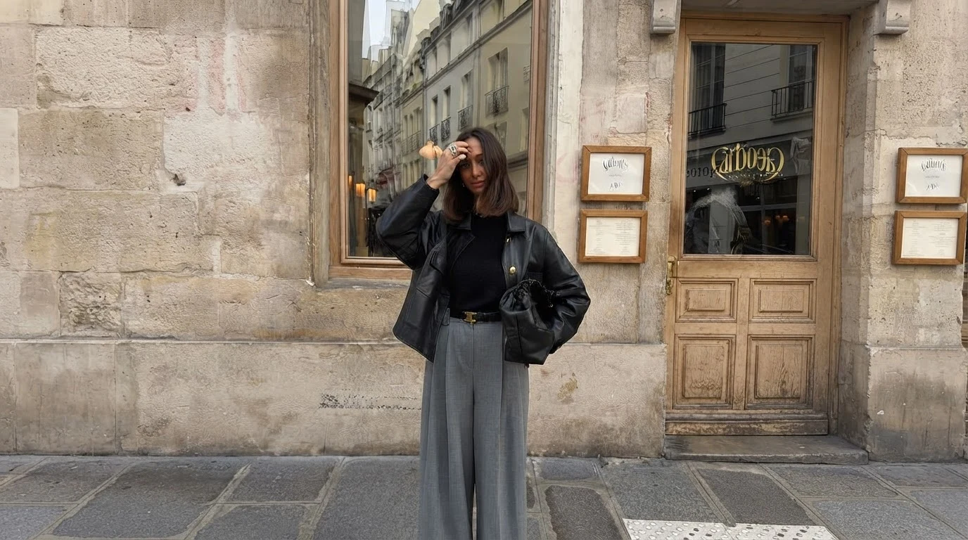 woman in grey wide-leg trousers with a black leather jacket and fitted top on a stone street