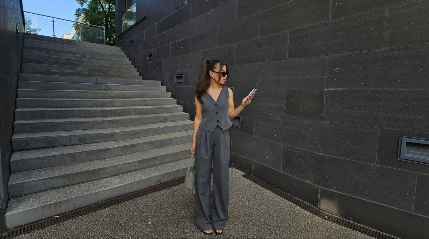 woman in grey trousers and matching waistcoat with black heels beside dark outdoor steps