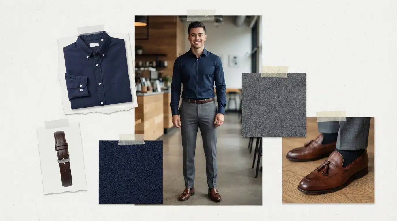 white male model in grey pants and navy shirt with polished business casual moodboard