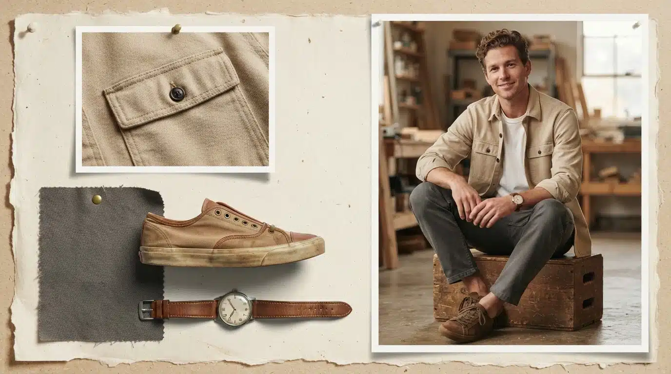 white male model in grey pants and beige overshirt in a relaxed layered fashion moodboard