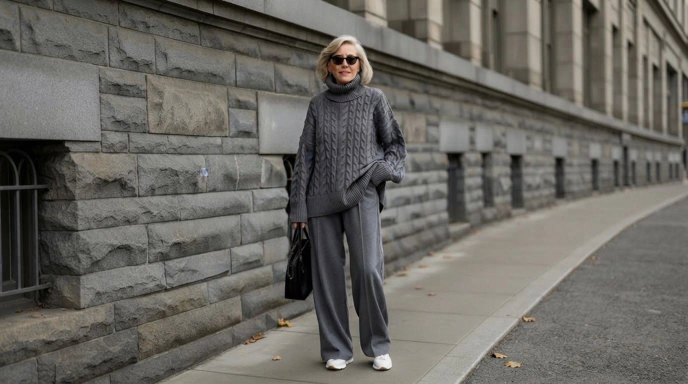older woman in grey wide-leg trousers with an oversized cable-knit sweater on a city street