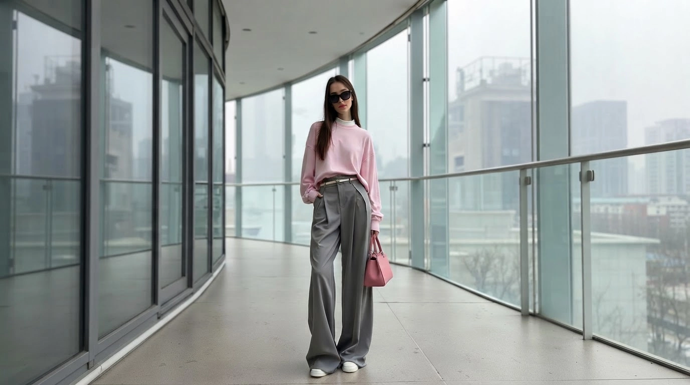 woman in grey wide-leg trousers with a soft pink sweater and white sneakers in a glass hall