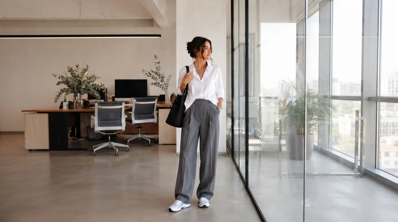 woman in grey wide-leg trousers with a white shirt and sneakers inside a modern bright office