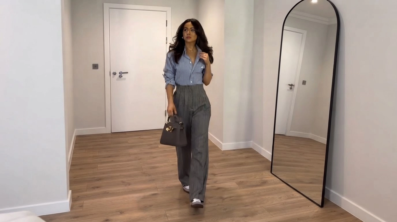 woman in grey wide-leg trousers with a blue striped shirt and dark sneakers in a hallway