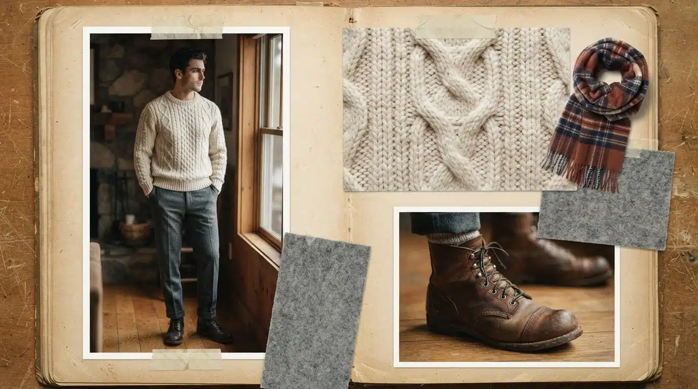 white male model in grey pants and cream sweater in a cozy winter fashion moodboard