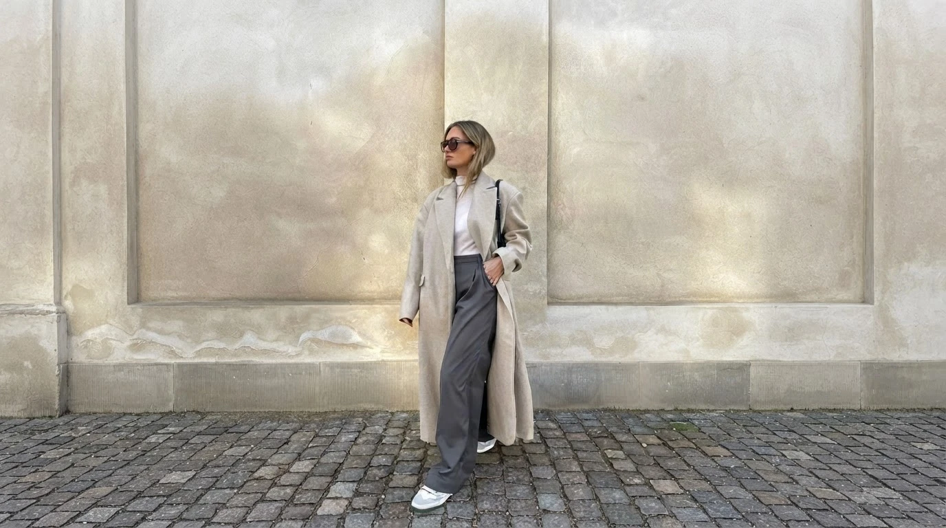 woman in grey wide-leg trousers with a beige trench coat and white sneakers on cobblestones
