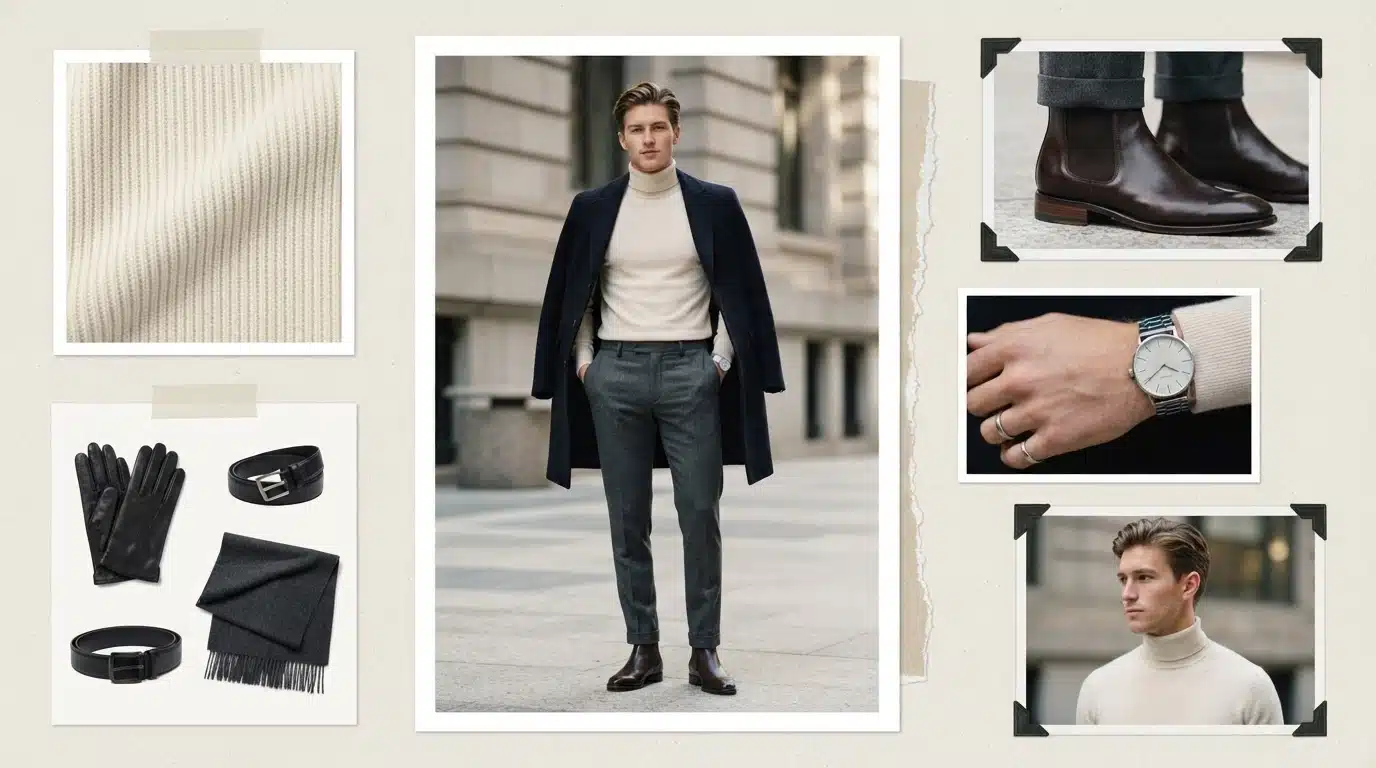 white male model in grey pants and turtleneck with minimal winter fashion moodboard