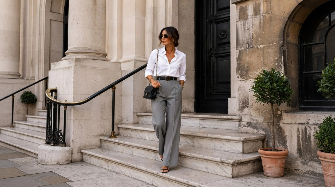 woman styling grey tailored trousers with a white shirt and black accessories on stone steps
