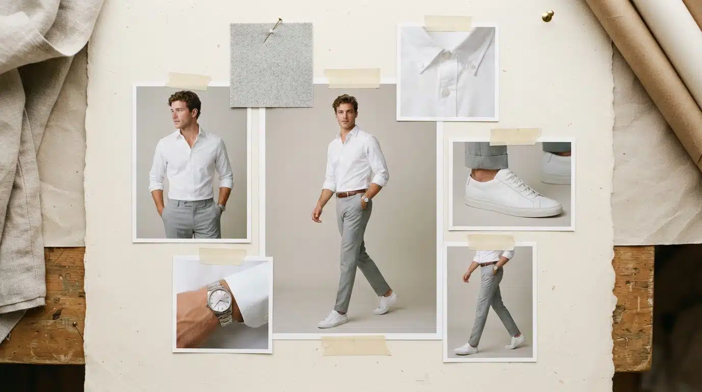 male model in grey pants white shirt and sneakers with clean casual moodboard