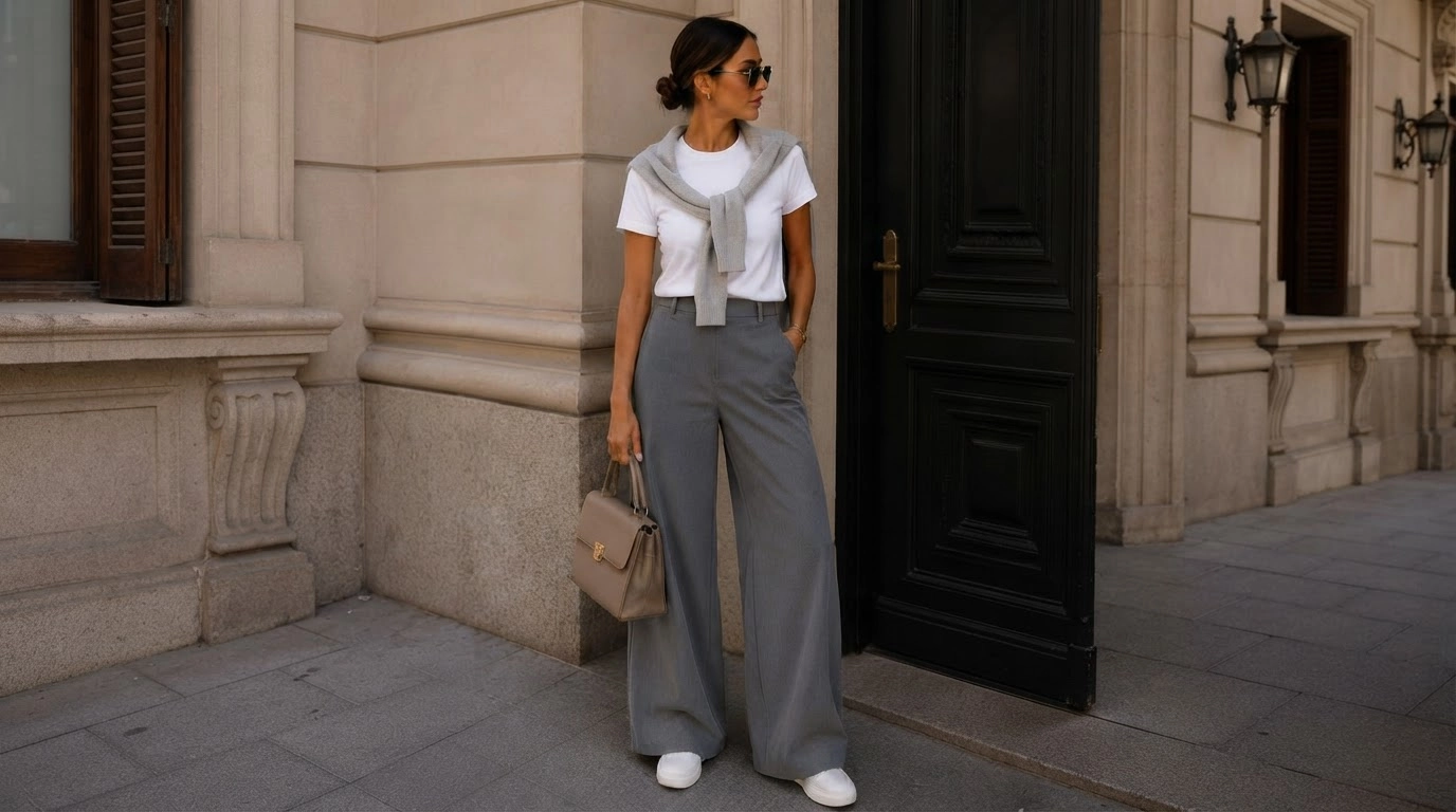woman in grey wide-leg trousers with a white tee, draped knit, and white sneakers by a doorway