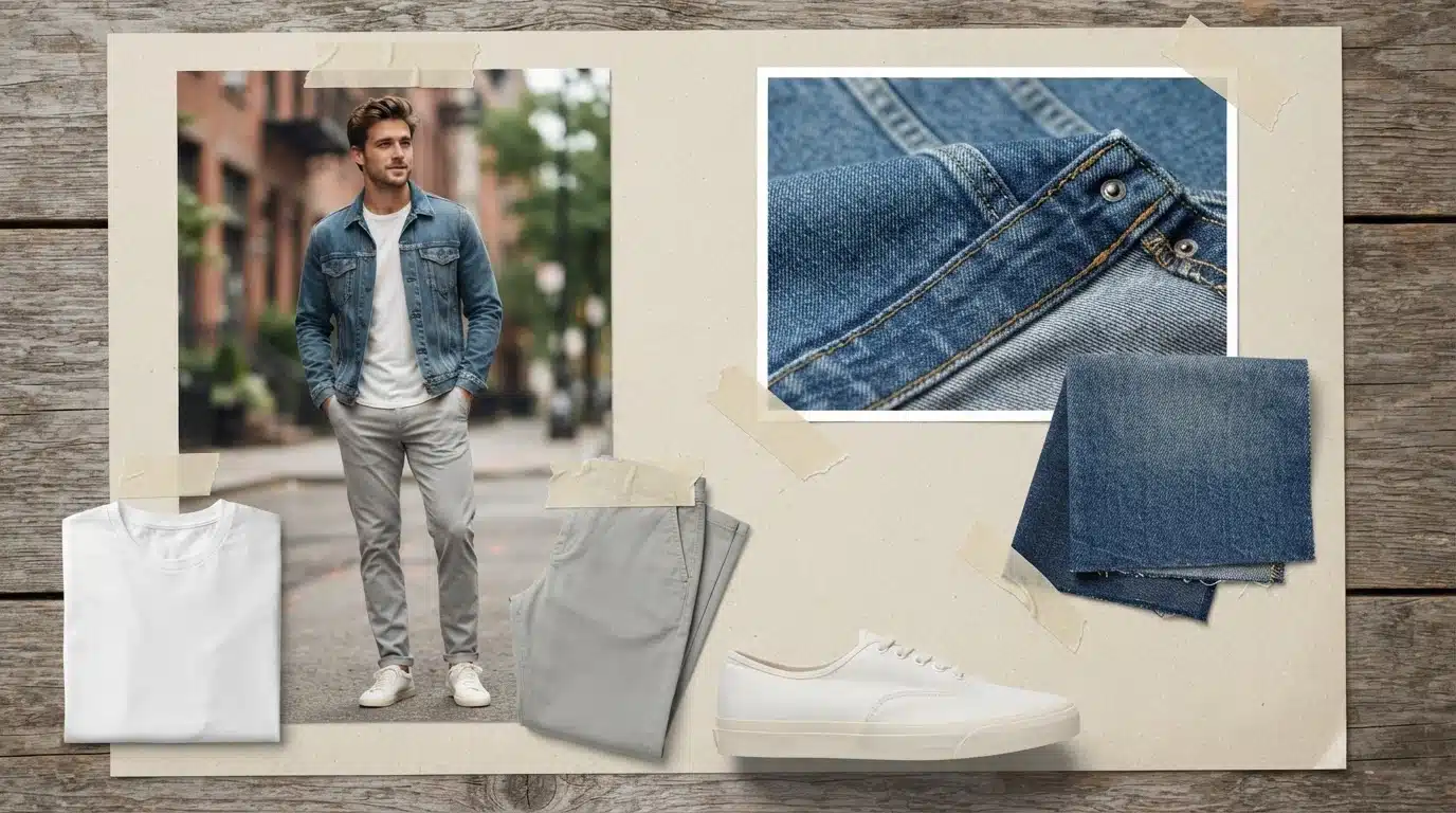 white male model in grey pants white tee and denim jacket in a relaxed casual moodboard