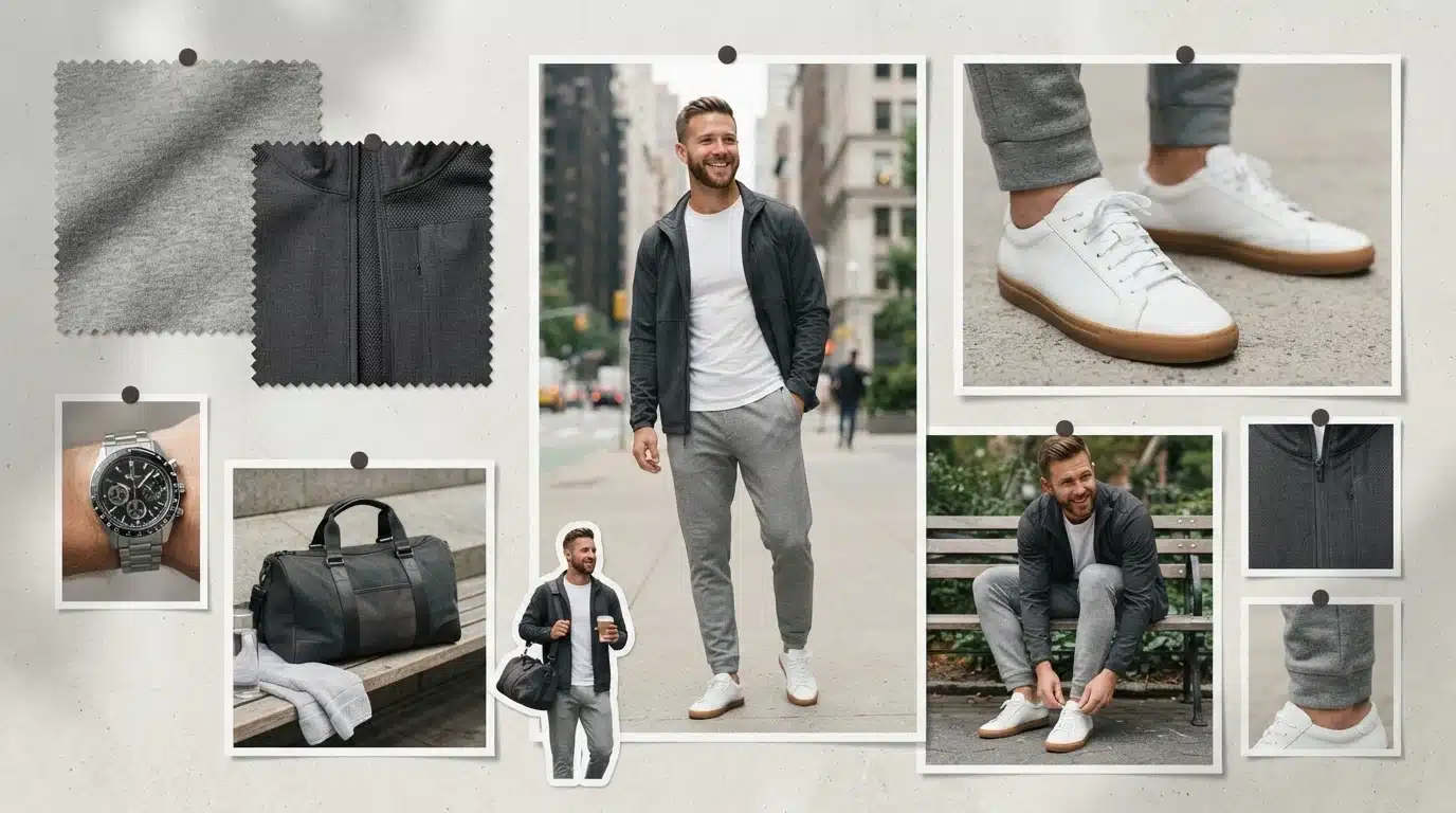 white male model in grey sweatpants with clean sneakers and modern athleisure moodboard
