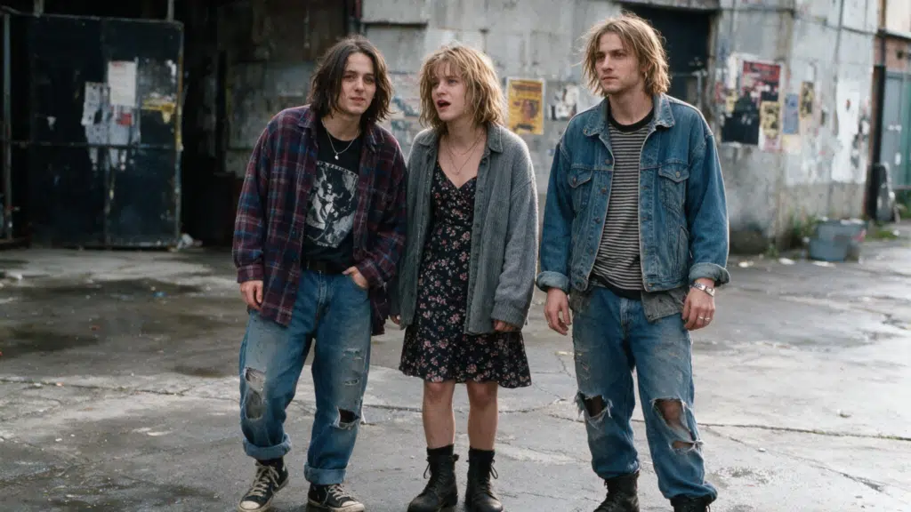 mixed group in thrifted grunge outfits by a rainy urban wall wearing flannel denim boots knits and a dark slip dress