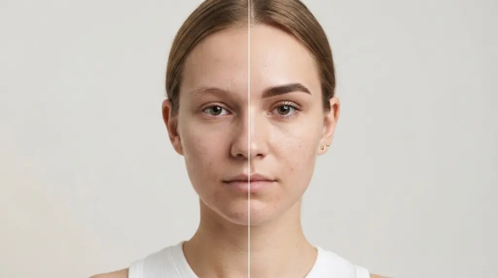 half face beauty image showing one tinted eyebrow and one natural untinted eyebrow