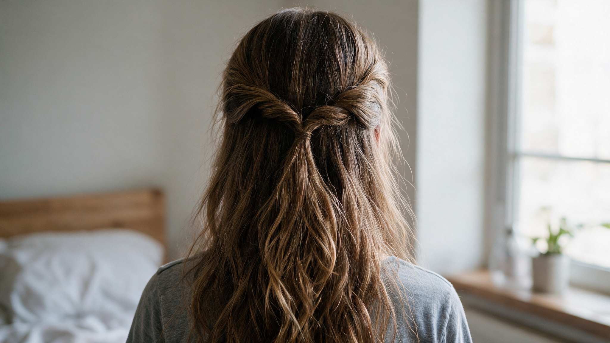 teen girl wearing half up twisted hairstyle with natural loose waves