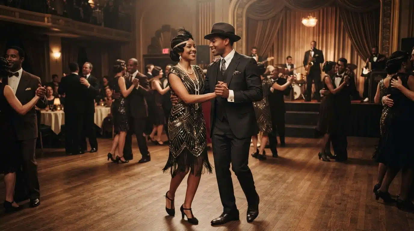 harlem couple in coordinated evening dress and dark suit standing together in a ballroom