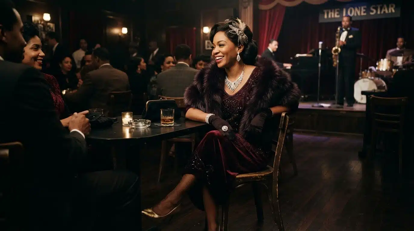 woman in harlem jazz club evening dress with jewelry, headwear, and glamorous dress shoes